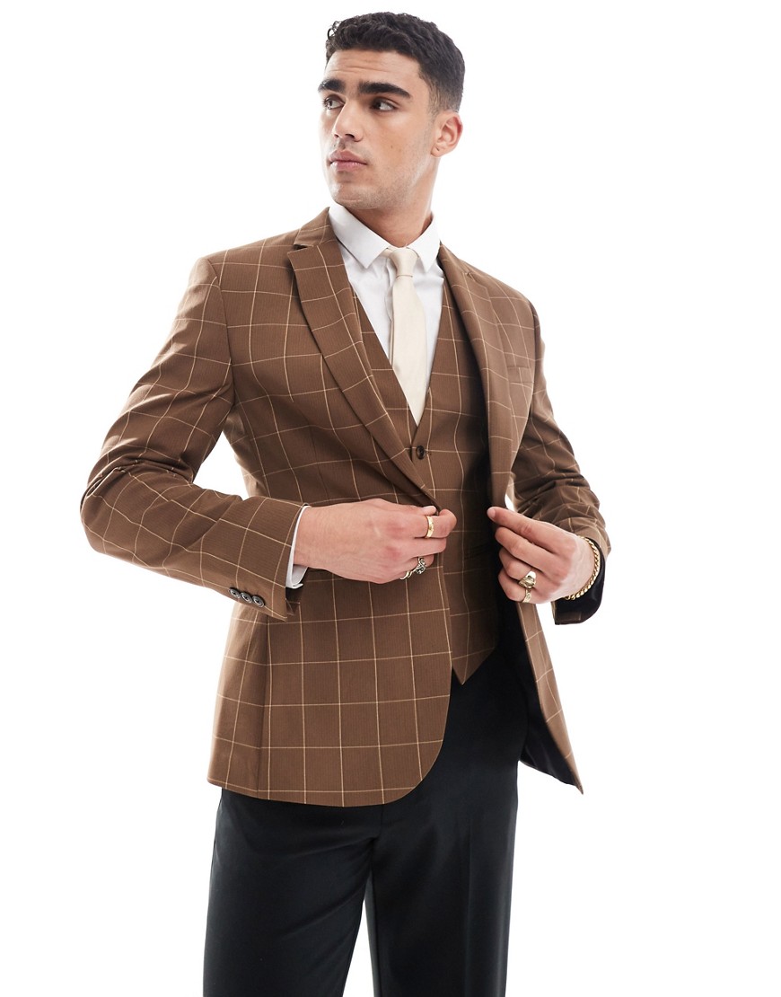 ASOS DESIGN skinny suit jacket in brown tonal check