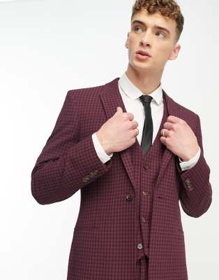 Asos Design Skinny Suit Jacket In Burgundy Gingham-red