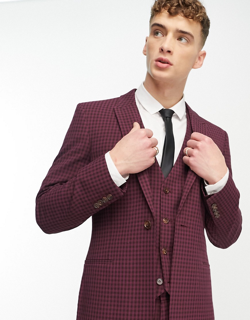 ASOS DESIGN skinny suit jacket in burgundy gingham-Red