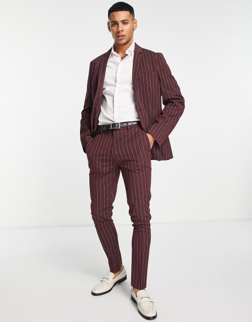 ASOS DESIGN regular suit jacket in burgundy pinstripe