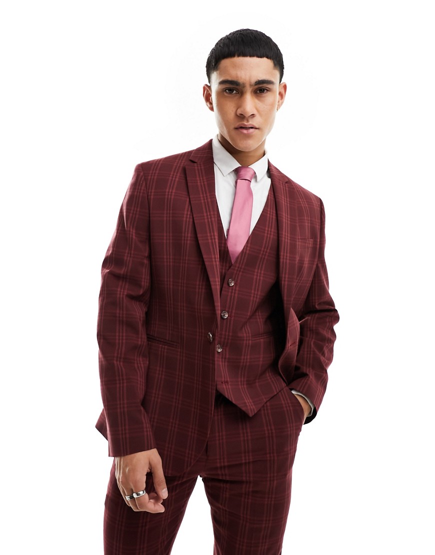 skinny suit jacket in burgundy tonal check-Red