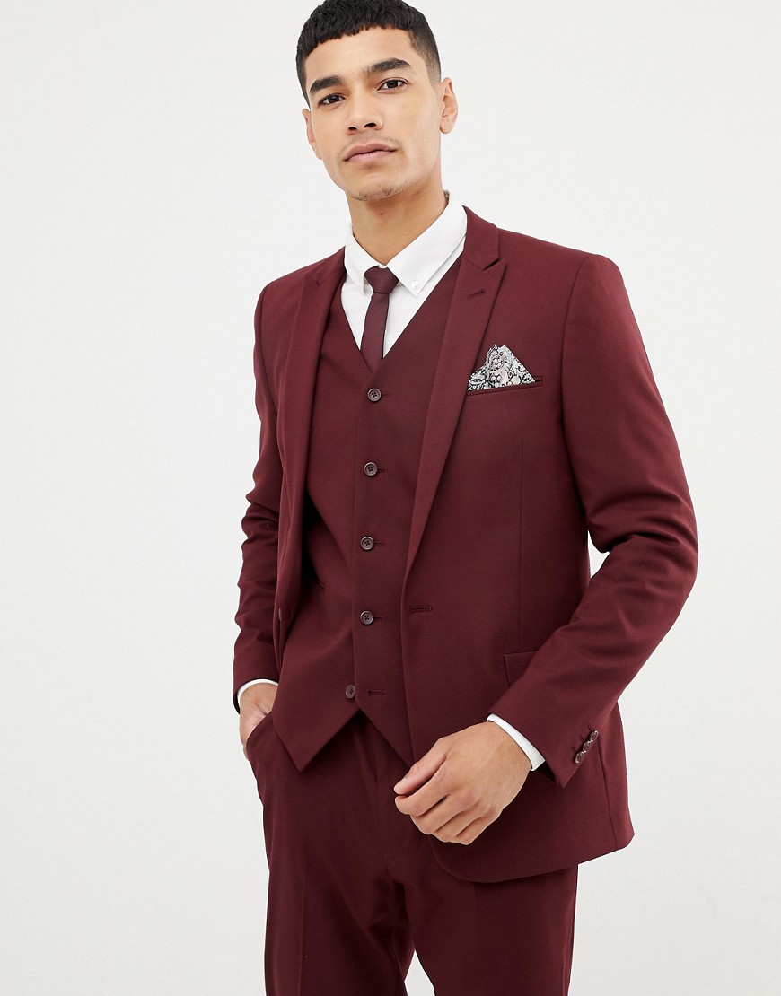 ASOS DESIGN skinny suit jacket in burgundy-Red
