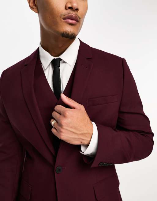 ASOS DESIGN skinny velvet smoking jacket in burgundy