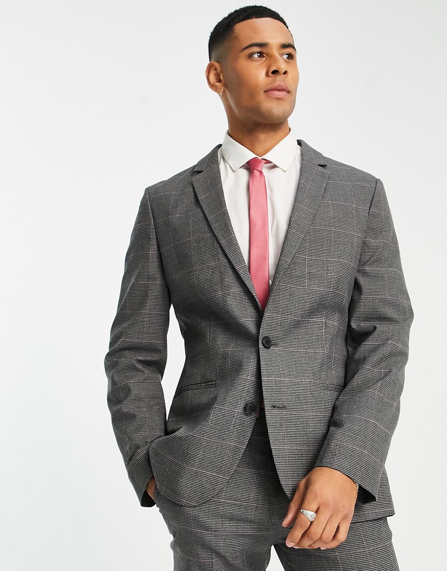 ASOS DESIGN skinny suit jacket in charcoal gray puppytooth plaid