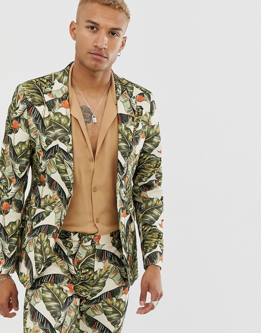 ASOS DESIGN skinny suit jacket in cotton with leaf print-Green