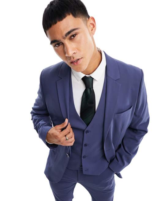 Slim Fit 2 Button Solid Navy Blue Suit