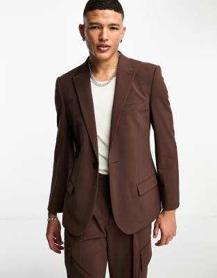 ASOS DESIGN skinny double breasted suit jacket in chocolate brown