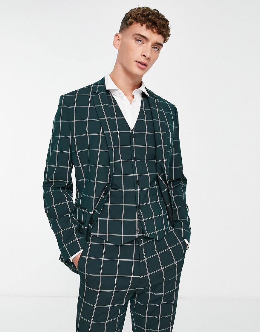 ASOS DESIGN skinny suit jacket in dark teal windowpane check-Green