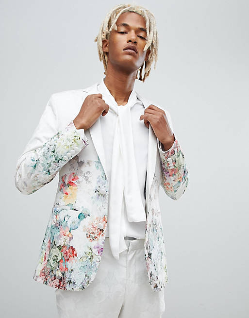 ASOS DESIGN skinny suit jacket in floral printed white jacquard