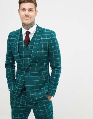 ASOS DESIGN skinny suit jacket in forest green windowpane check