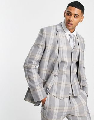 Asos Design Skinny Suit Jacket In Gray Plaid With Charcoal Highlight