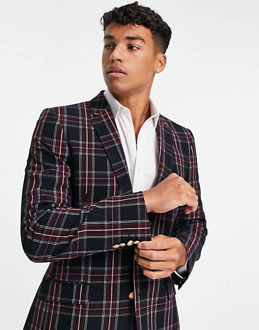  skinny suit jacket in green tartan check with gold button 