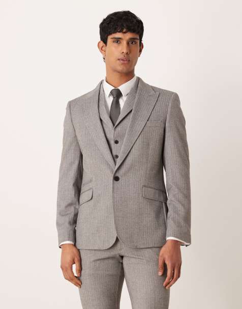 ASOS DESIGN skinny suit jacket in grey herringbone flannel - view 1