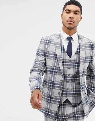 skinny suit jacket in grey oversized check-Gray