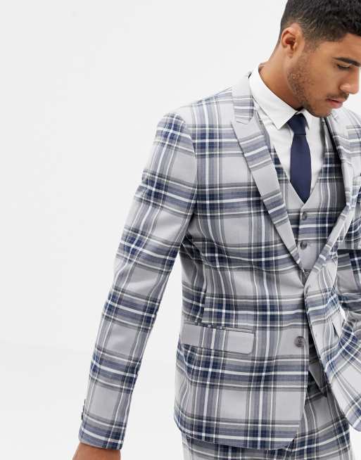 ASOS DESIGN skinny suit jacket in grey oversized check, 3 of 4