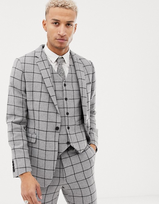 ASOS DESIGN skinny suit jacket in grey wool mix windowpane check | ASOS
