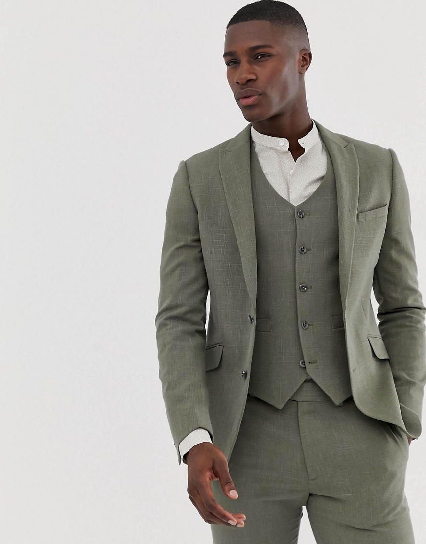 ASOS DESIGN skinny suit jacket in khaki cross hatch-Green