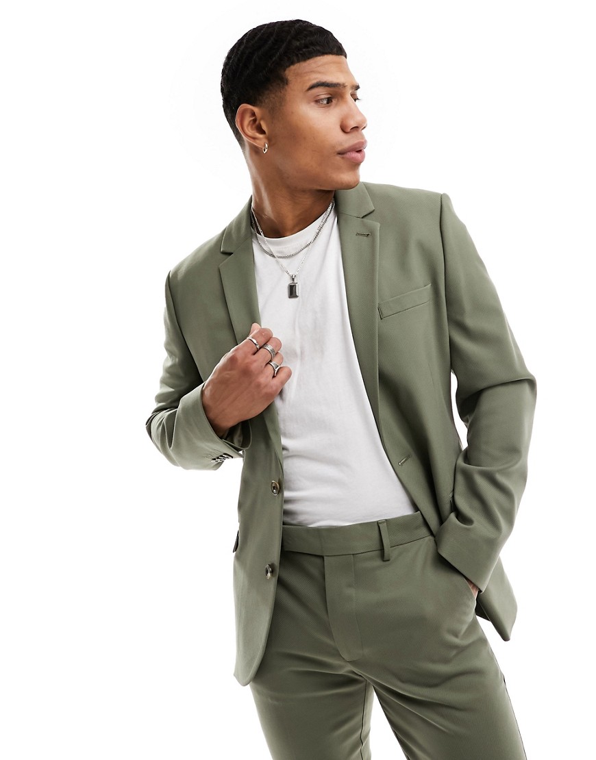 ASOS DESIGN skinny suit jacket in khaki twill-Green