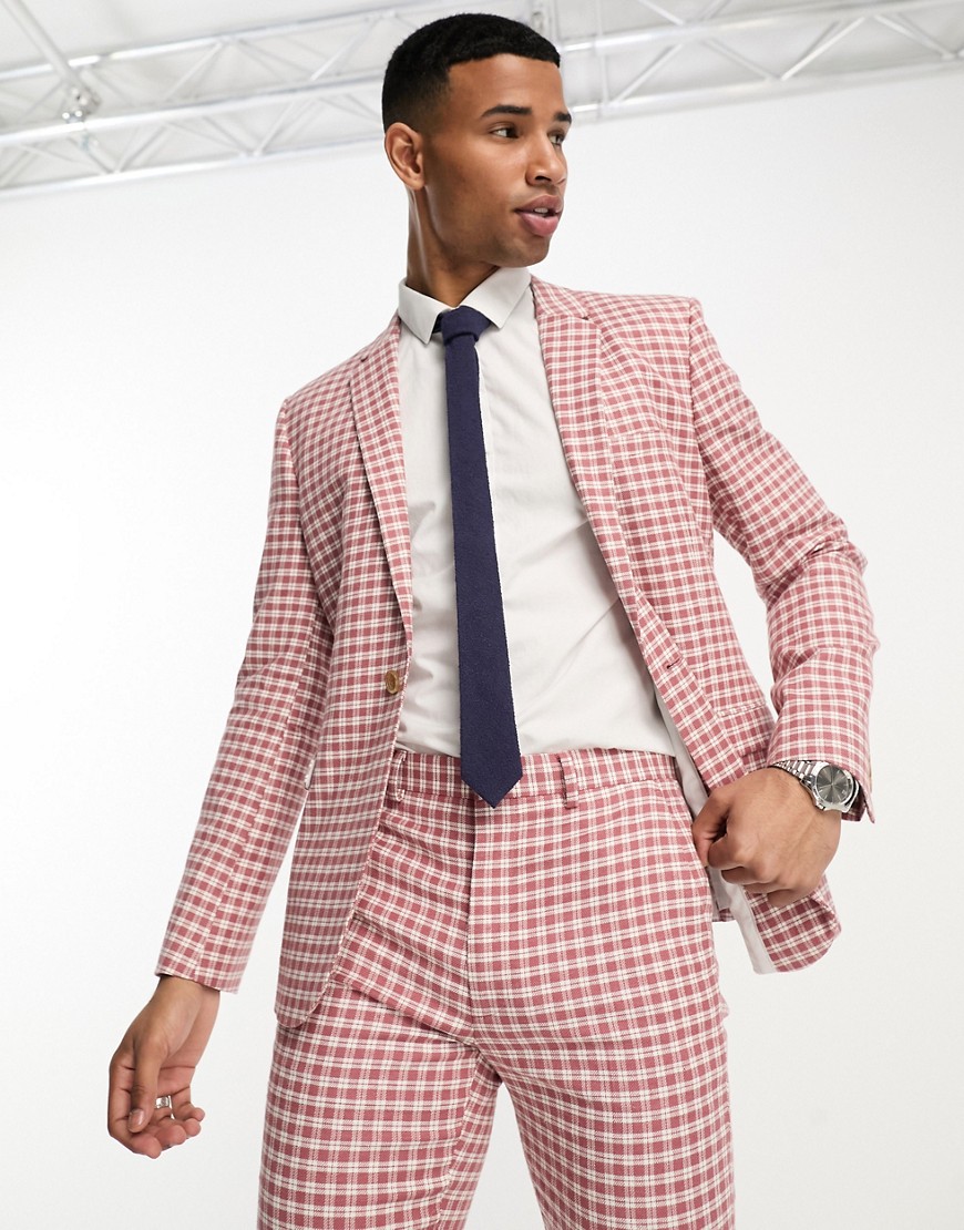 ASOS DESIGN skinny suit jacket in linen mix in gingham in pink