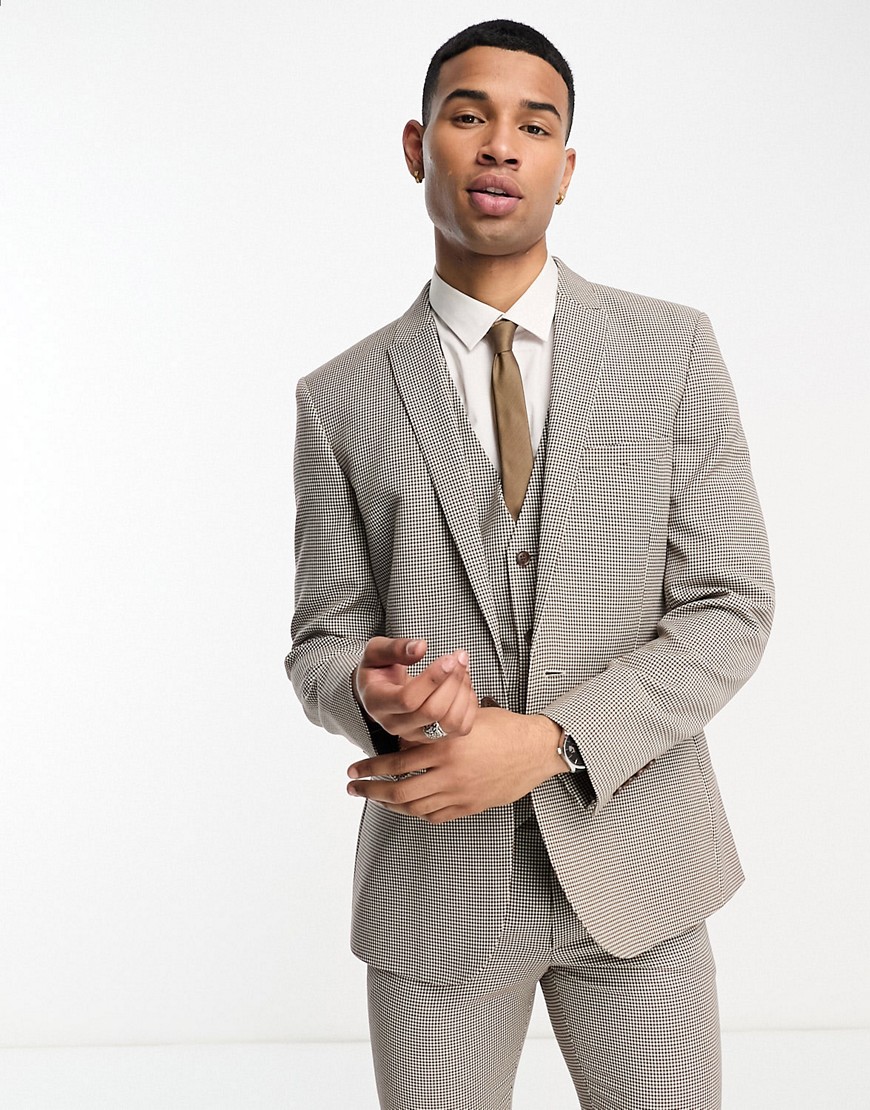 ASOS DESIGN skinny suit jacket in micro check in stone-Neutral