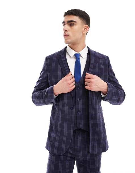 ASOS DESIGN skinny suit jacket in navy tonal plaid - view 1
