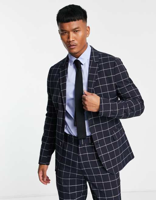 ASOS DESIGN skinny suit jacket in navy windowpane check | ASOS