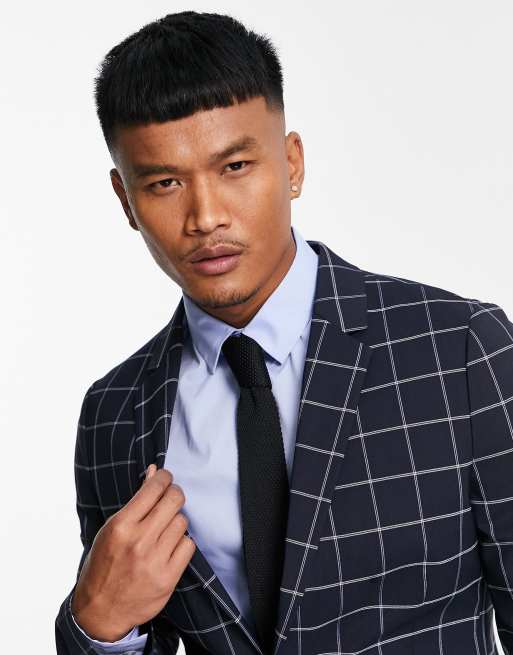 ASOS DESIGN skinny suit jacket in navy windowpane check ASOS