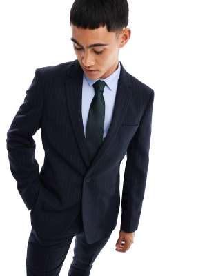 ASOS DESIGN skinny suit jacket in navy wool pinstripe - ASOS Price Checker