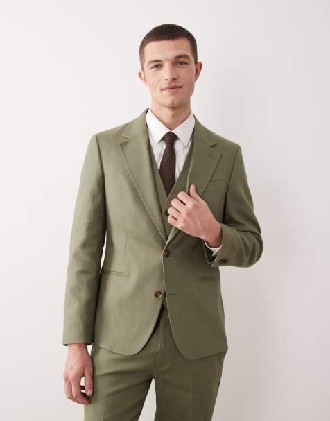 ASOS DESIGN skinny suit jacket in olive green linen rich - view 1
