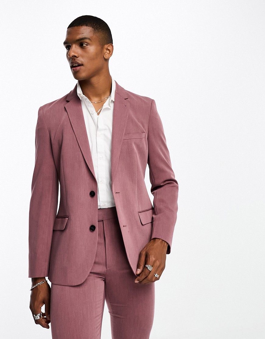 ASOS DESIGN skinny suit jacket in peached twill in burgundy-Red
