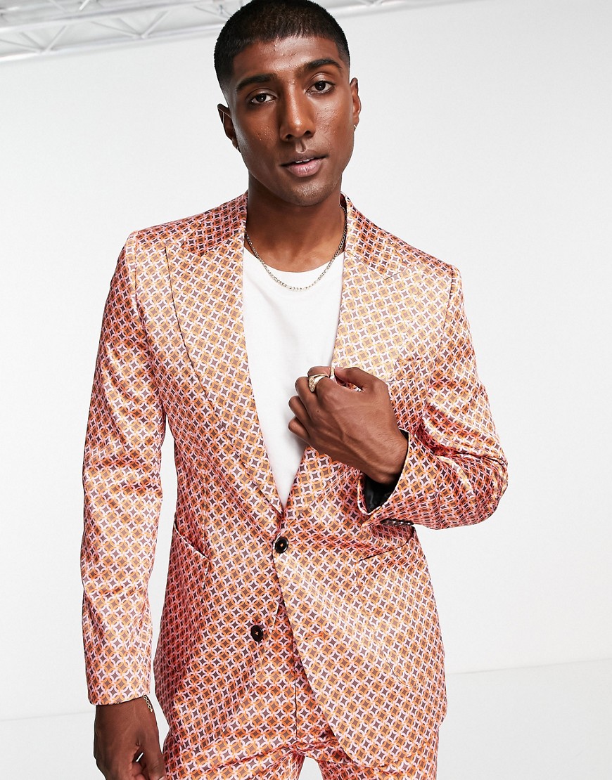 ASOS DESIGN skinny suit jacket in red and pink retro geo print