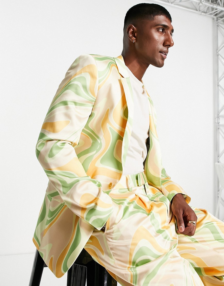 ASOS DESIGN skinny suit jacket in sage green and orange swirl print