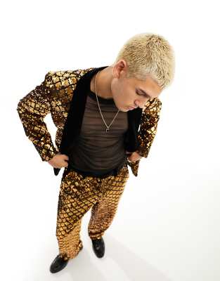 Asos Design Skinny Smoking Suit Jacket In Diamond Sequin In Gold In Black