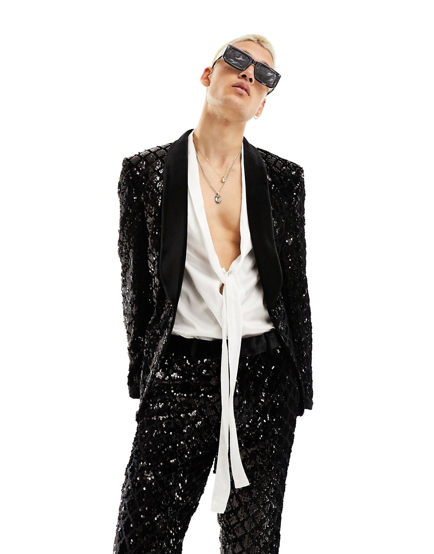 ASOS DESIGN skinny suit jacket in sequin diamond velvet in black