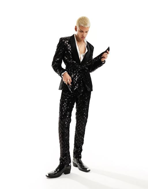 ASOS DESIGN skinny suit jacket in sequin diamond velvet in black