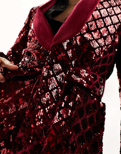 ASOS DESIGN skinny suit jacket in sequin diamond velvet in burgundy, 3 of 5