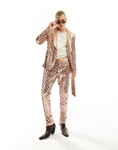 ASOS DESIGN skinny suit jacket in sequin diamond velvet in champagne - view 1