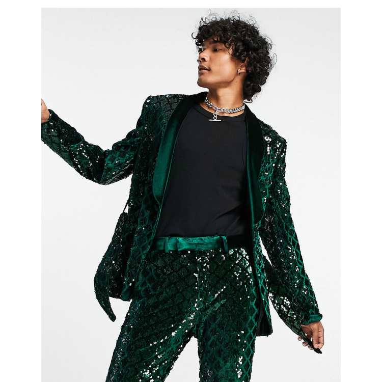 ASOS DESIGN skinny suit jacket in sequin diamond velvet in green