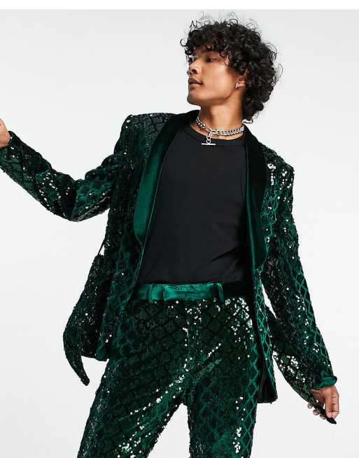 ASOS DESIGN skinny suit jacket in sequin diamond velvet in green