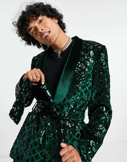 ASOS DESIGN skinny suit jacket in sequin diamond velvet in green