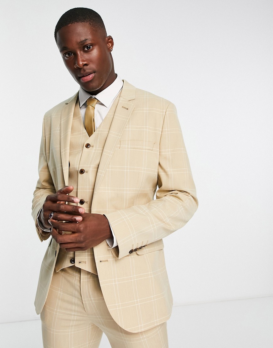 ASOS DESIGN skinny suit jacket in stone windowpane check-Neutral