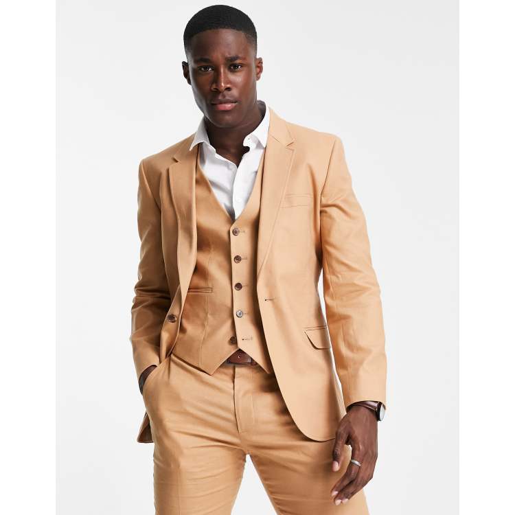 ASOS DESIGN skinny suit jacket in tan cotton linen