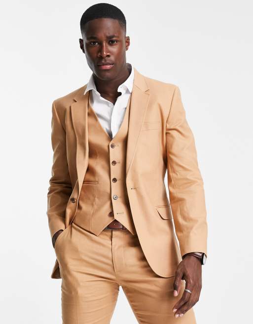 ASOS DESIGN skinny suit in tan cotton linen