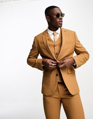 Asos Design Skinny Suit Jacket In Tobacco-brown