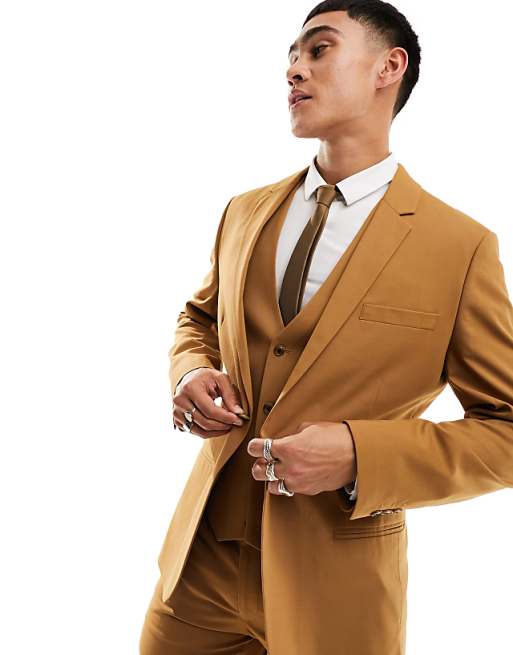 tobacco brown suit Finally getting it right: The linen Permanent Style this Emerald Label Tobacco suit is cut from classic Fresco cloth ASOS DESIGN skinny tobacco suit