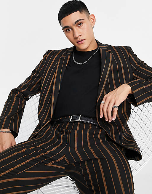 ASOS DESIGN skinny suit jacket in tobbaco stripe | ASOS