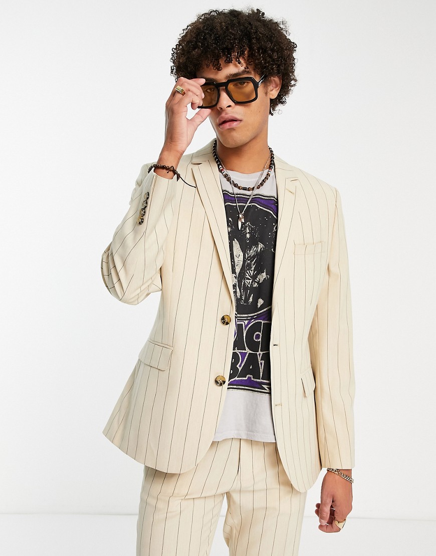 ASOS DESIGN skinny suit jacket in tonal stone stripe-Neutral