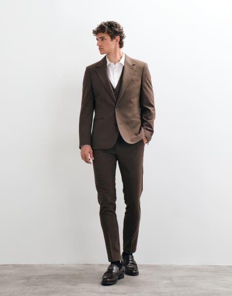 ASOS DESIGN Skinny Suit Jacket, Trousers & Waistcoat in Dark Brown - view 1