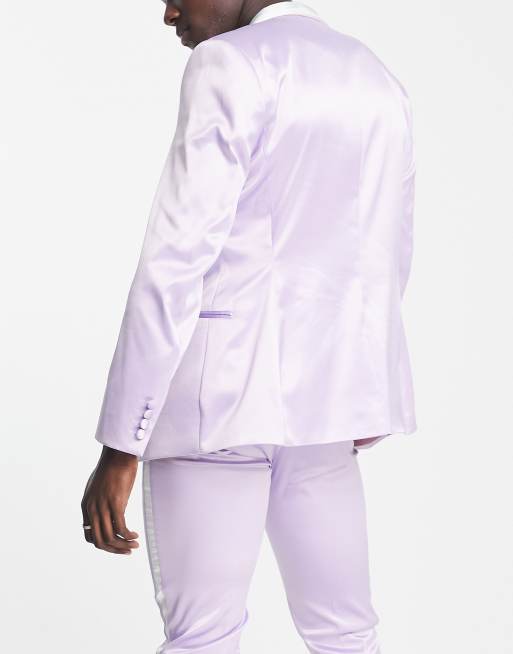 ASOS DESIGN skinny suit jacket with colour block wavy lapel in pastel lilac, 2 of 4