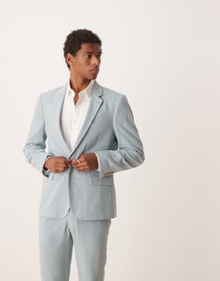 Asos Design Skinny Suit Jacket With Linen In Blue